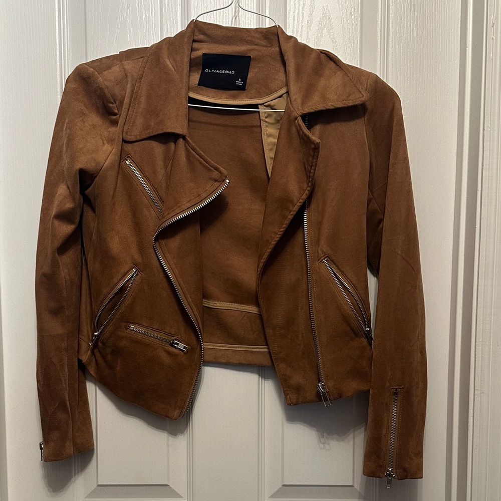 Oliviaceous Chestnut Brown Suede Moto Jacket